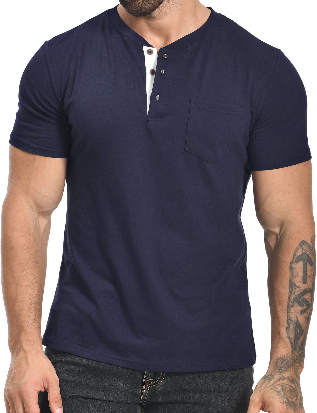 HAOMEILI Men's Henley Shirts Classic Short Sleeve Basic Button Cotton T ...