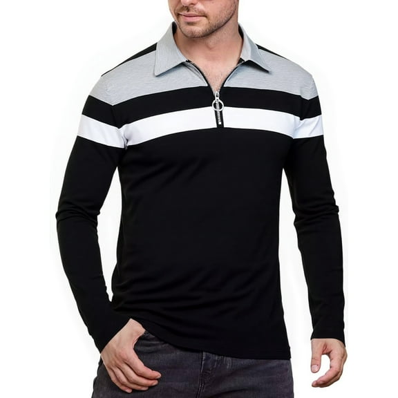 HAOMEILI Men’s Long Sleeve Polo Shirt Casual Slim Fit Shirts Contrast Color Patchwork T Shirts Cotton Tops