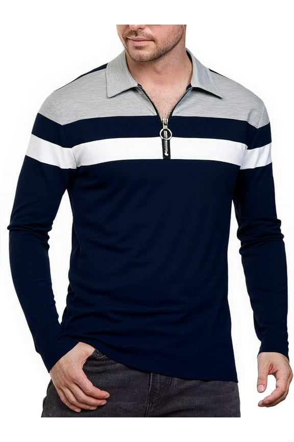 Men’s Long Sleeve Polo Shirt Casual Slim Fit Shirts Contrast Color Patchwork T Shirts Cotton Tops
