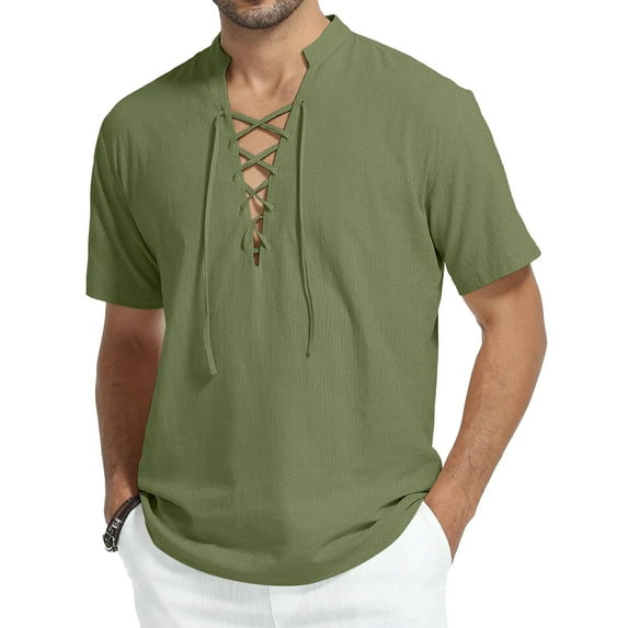 HAOMEILI Men's Short Sleeve Shirts Retro Style Lace up for Medieval,Viking,Hippie Halloween Cosplay Pirate Renaissance Costume