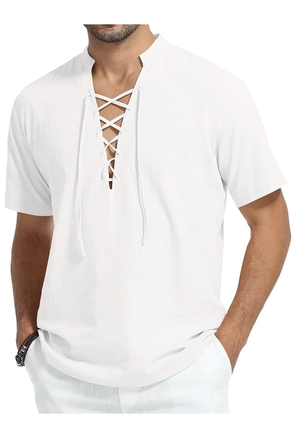 Men's Cotton Linen Lace-Up V-Neck Short Sleeve Shirt