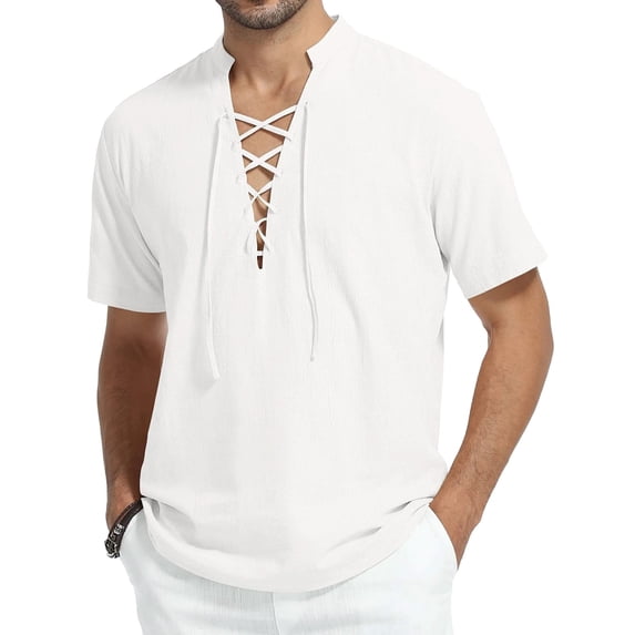 HAOMEILI Men's Cotton Linen Lace-Up V-Neck Short Sleeve Shirt