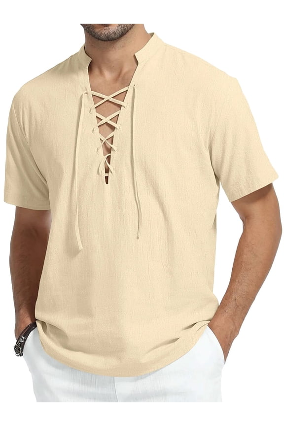Men's Cotton Linen Lace-Up V-Neck Short Sleeve Shirt