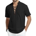 thumbnail image 1 of HAOMEILI Men's Cotton Linen Lace-Up V-Neck Short Sleeve Shirt, 1 of 5