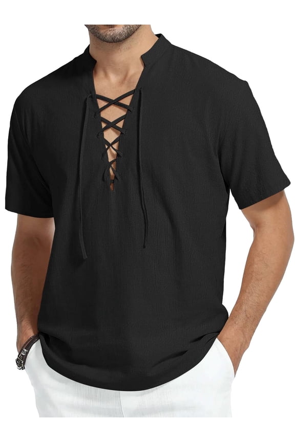 Men's Cotton Linen Lace-Up V-Neck Short Sleeve Shirt