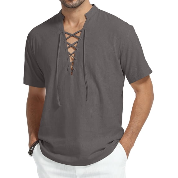 HAOMEILI Men's Cotton Linen Lace-Up V-Neck Short Sleeve Shirt