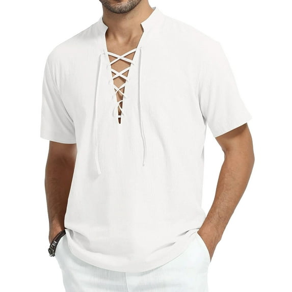 HAOMEILI Men's Short Sleeve Shirts Retro Style Lace up for Medieval,Viking,Hippie Halloween Cosplay Pirate Renaissance Costume