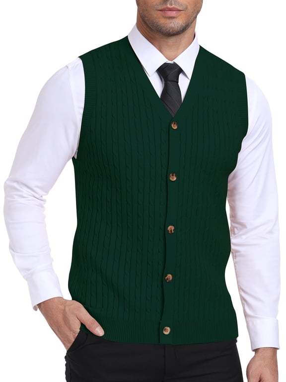 Men's Sleeveless Sweater Vest V-Neck Casual Cable Knit Button Down Cardigan Vest