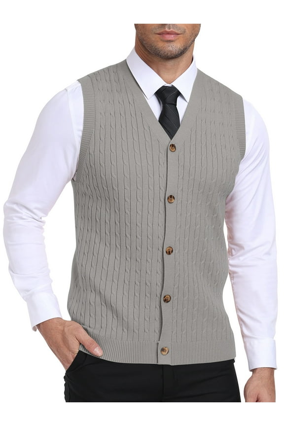 Men's Sleeveless Sweater Vest V-Neck Casual Cable Knit Button Down Cardigan Vest