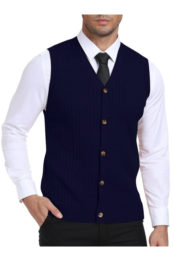 Men's Sleeveless Sweater Vest V-Neck Casual Cable Knit Button Down Cardigan Vest
