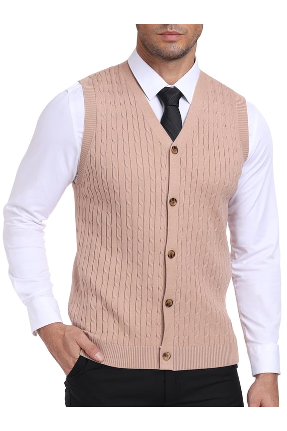 Men's Sleeveless Sweater Vest V-Neck Casual Cable Knit Button Down Cardigan Vest
