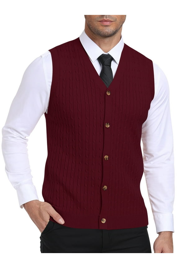 Men's Sleeveless Sweater Vest V-Neck Casual Cable Knit Button Down Cardigan Vest