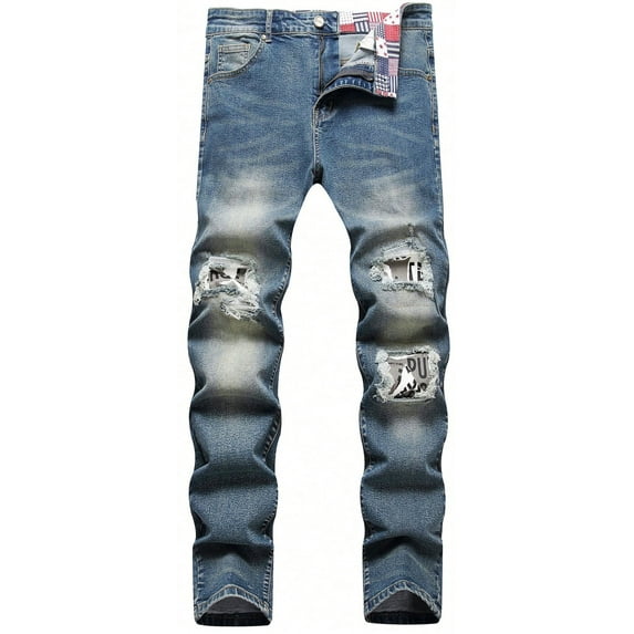 HAOMEILI Men's Straight Slim Fit Ripped Distressed Jeans with Patches Pants