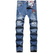 HAOMEILI Stylish Distressed Slim-fit Grey Jeans for Men