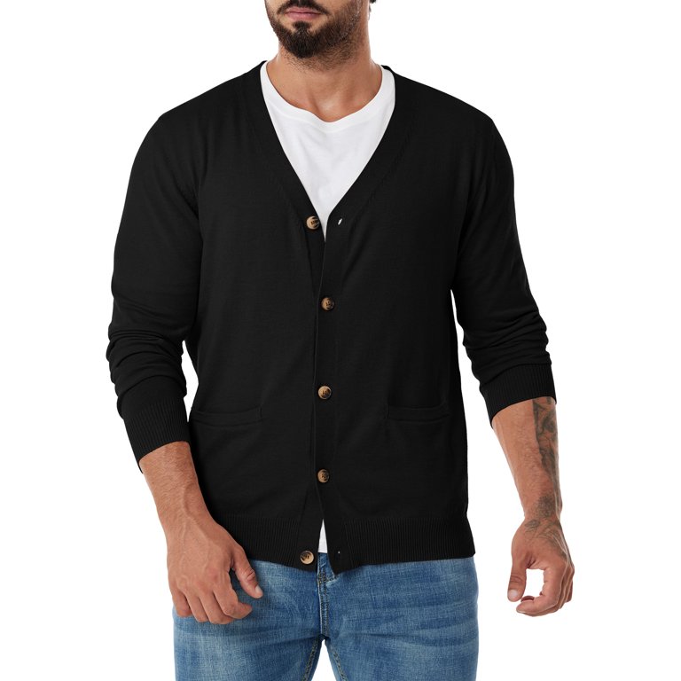 HAOMEILI Men’s V Neck Button Cardigan Sweater with Pockets Mens Cotton  Sweater Long Sleeve Cardigan Cover-up XL,Black