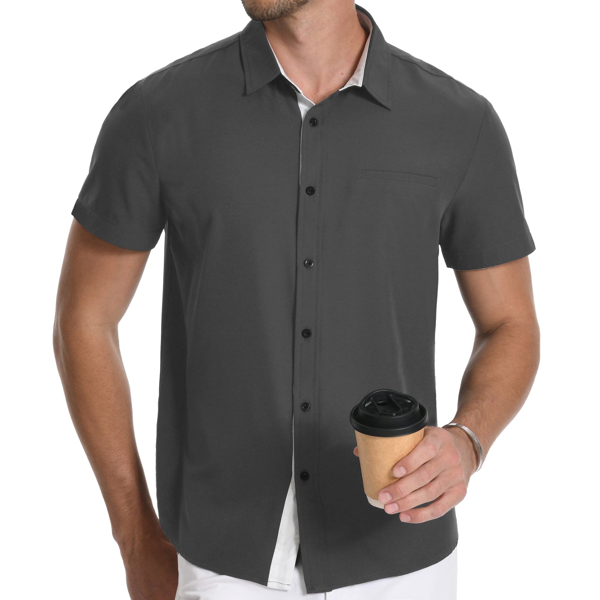 HAOMEILI Mens Button Down Short Sleeve Shirts Casual Wrinkle-Free Dress