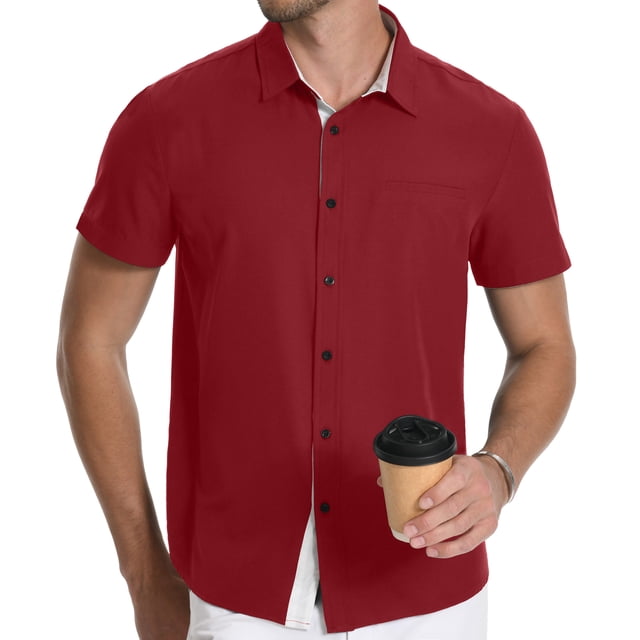 Bhlounplo Men's Short Sleeve Bowling Shirt - Anti-Wrinkle, Striped Print With Chest Pocket, Casual Summer Shirt, Pink, Large