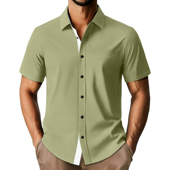 HAOMEILI Mens Button Down Short Sleeve Shirts Casual Wrinkle-Free Dress Shirts Summer Beach