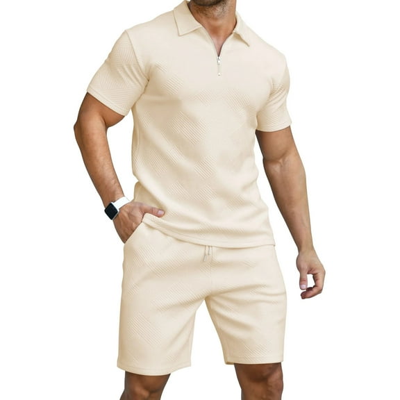 HAOMEILI Men's 2 Pieces Outfits Casual Quarter Zip Polo Shirt and Shorts Set Athletic Jogging Summer Tracksuit