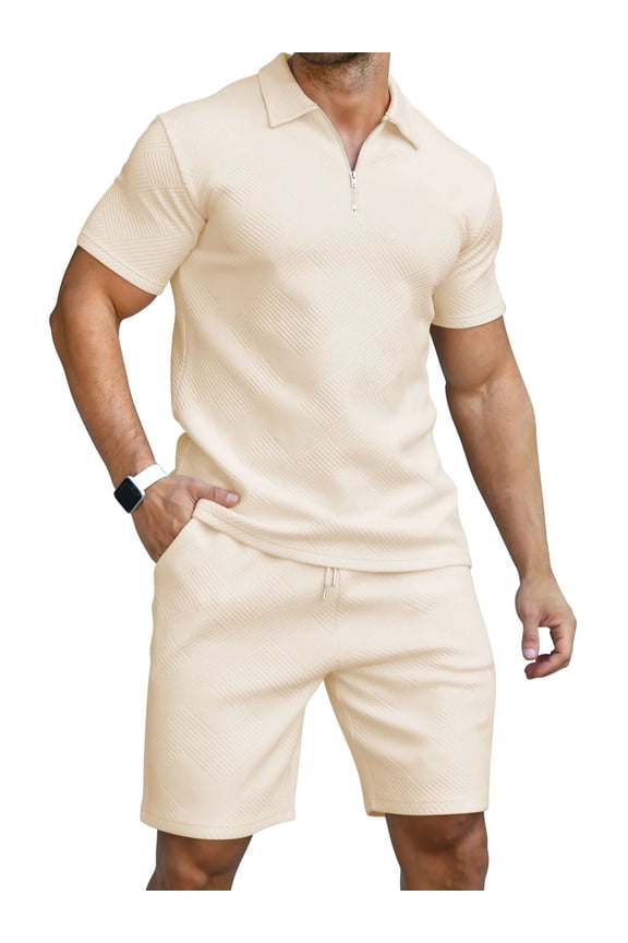 Men's 2 Pieces Outfits Casual Quarter Zip Polo Shirt and Shorts Set Athletic Jogging Summer Tracksuit
