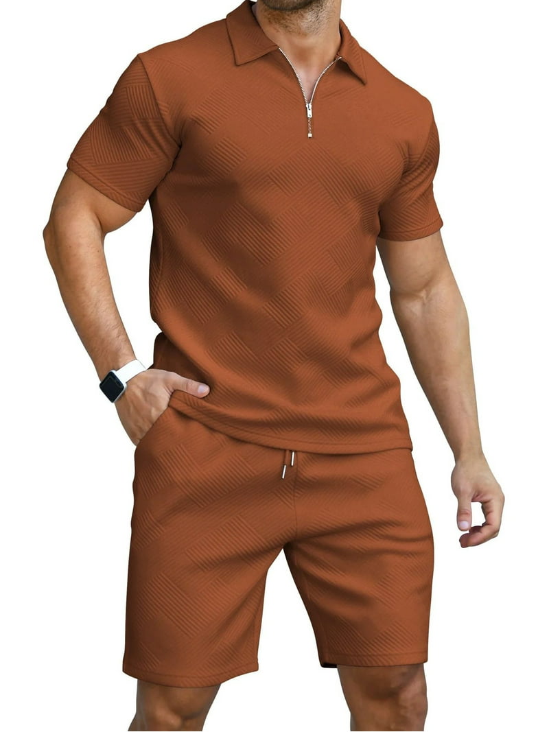 HAOMEILI Men's Pieces Outfits Casual Quarter Zip Polo Shirt and