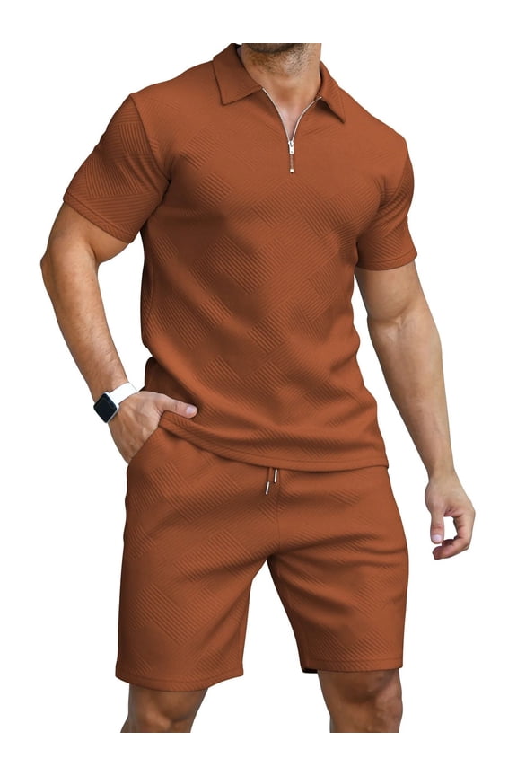 Men's 2 Pieces Outfits Casual Quarter Zip Polo Shirt and Shorts Set Athletic Jogging Summer Tracksuit