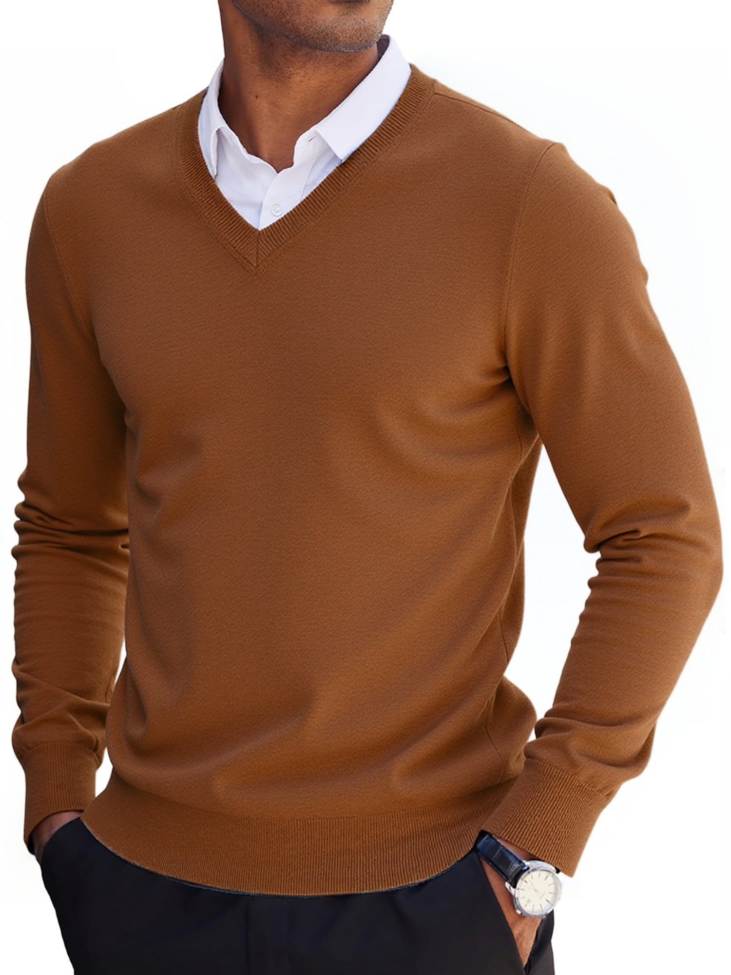 Mens V Neck Dress Sweater Long Sleeve Slim Fit Fashion Pullover Sweater