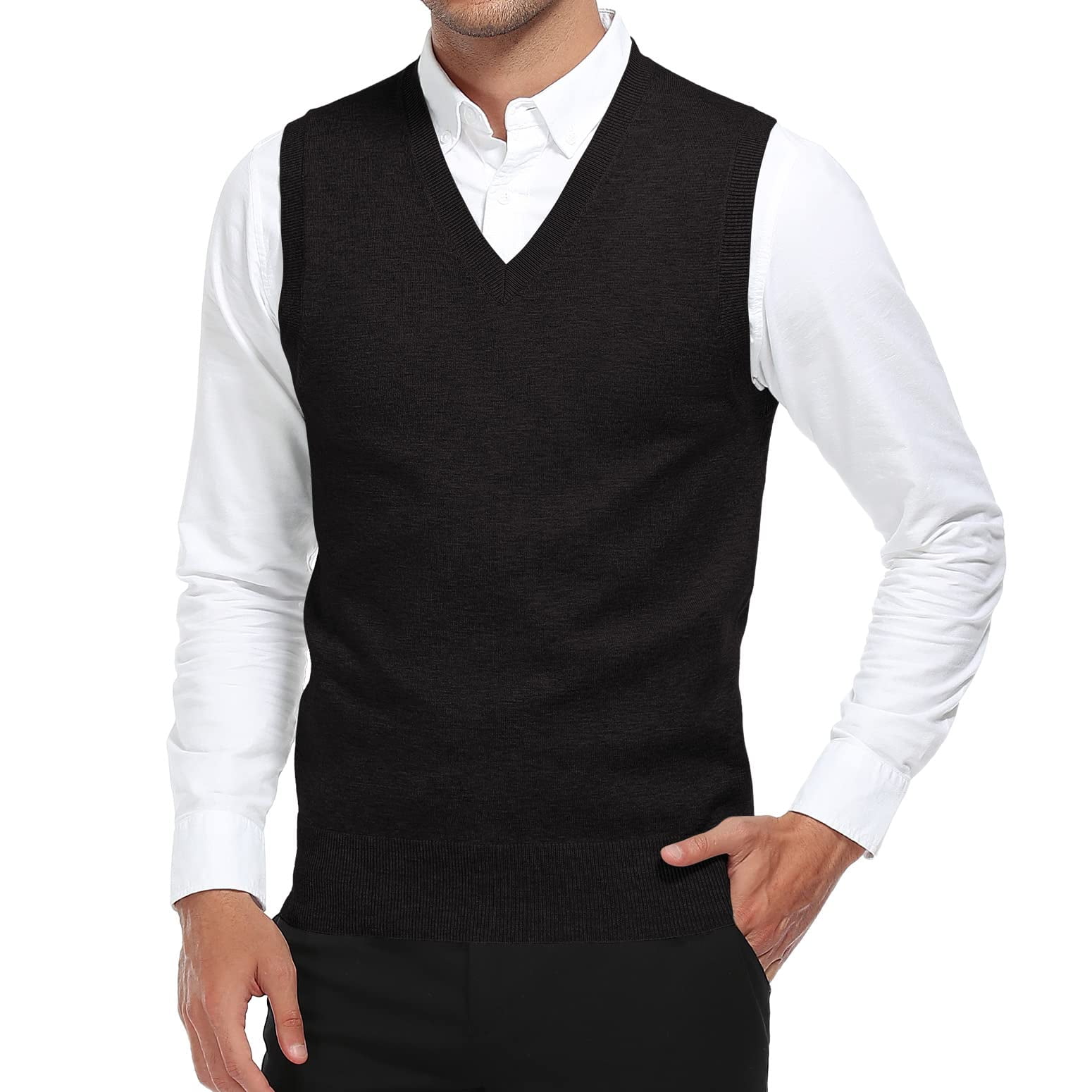 HAOMEILI Mens V-Neck Knitted Sweater Vest Solid Plain Sleeveless ...