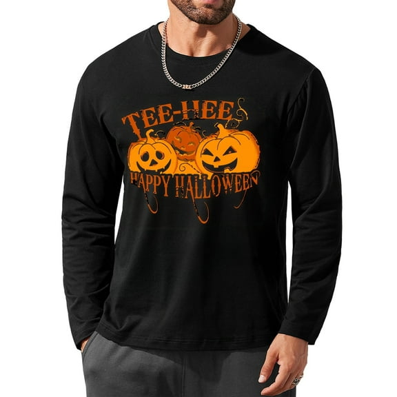 HAOMEILI Men's Scary Pumpkin Hat Bat Spider Halloween Long Sleeve Casual T-Shirt,L