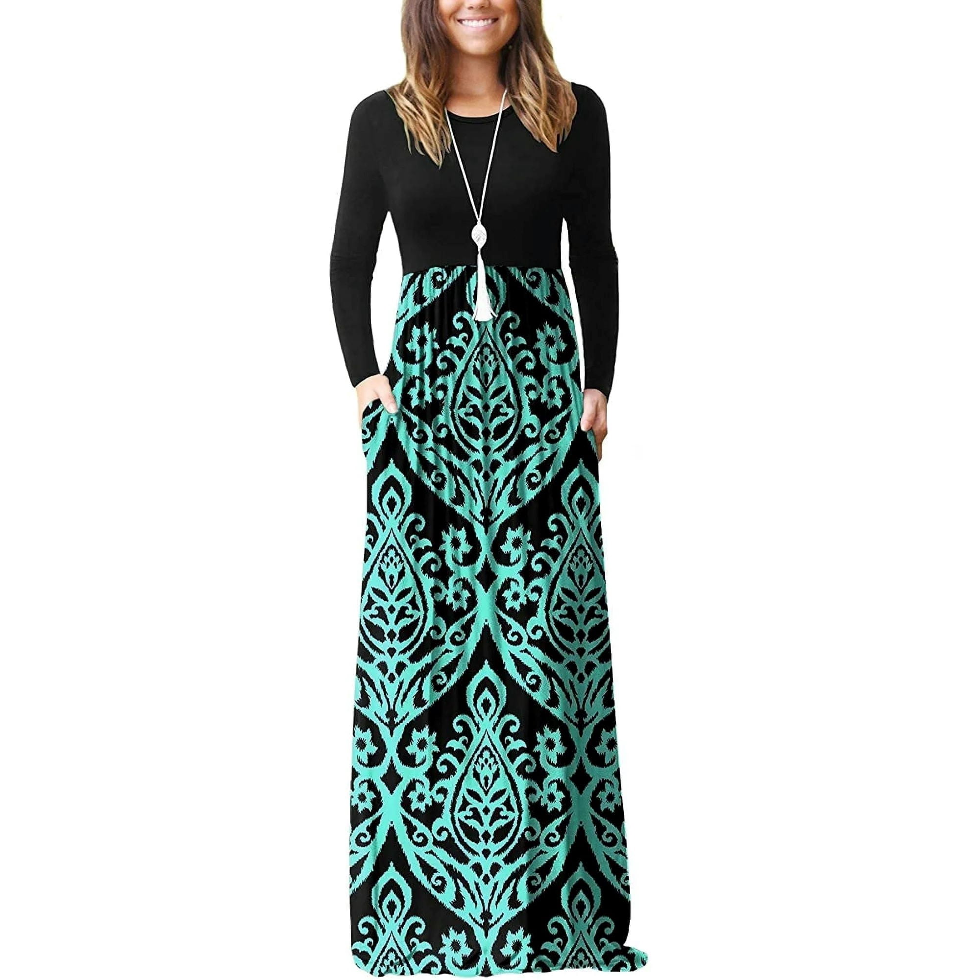 Women's Long Sleeve Loose Plain Maxi Dresses Casual Long Dresses with Pockets(White,Medium)
