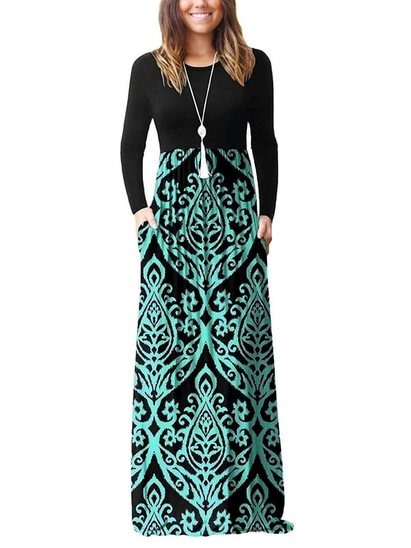 Women Long Sleeve Loose Plain Maxi Dresses Casual Long Dresses with Pockets
