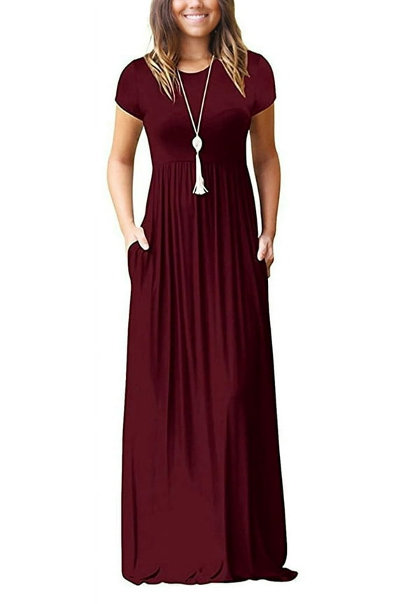Women Short Sleeve Loose Plain Maxi Dresses Casual Long Dresses with Pockets