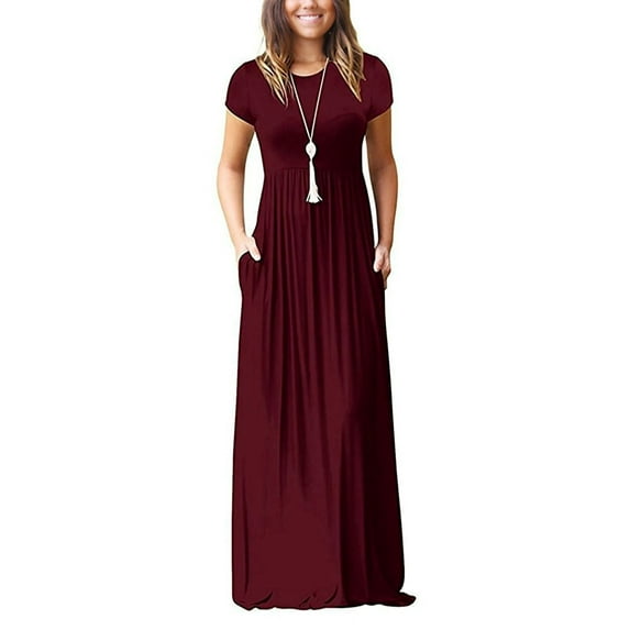 HAOMEILI Women Short Sleeve Loose Plain Maxi Dresses Casual Long Dresses with Pockets