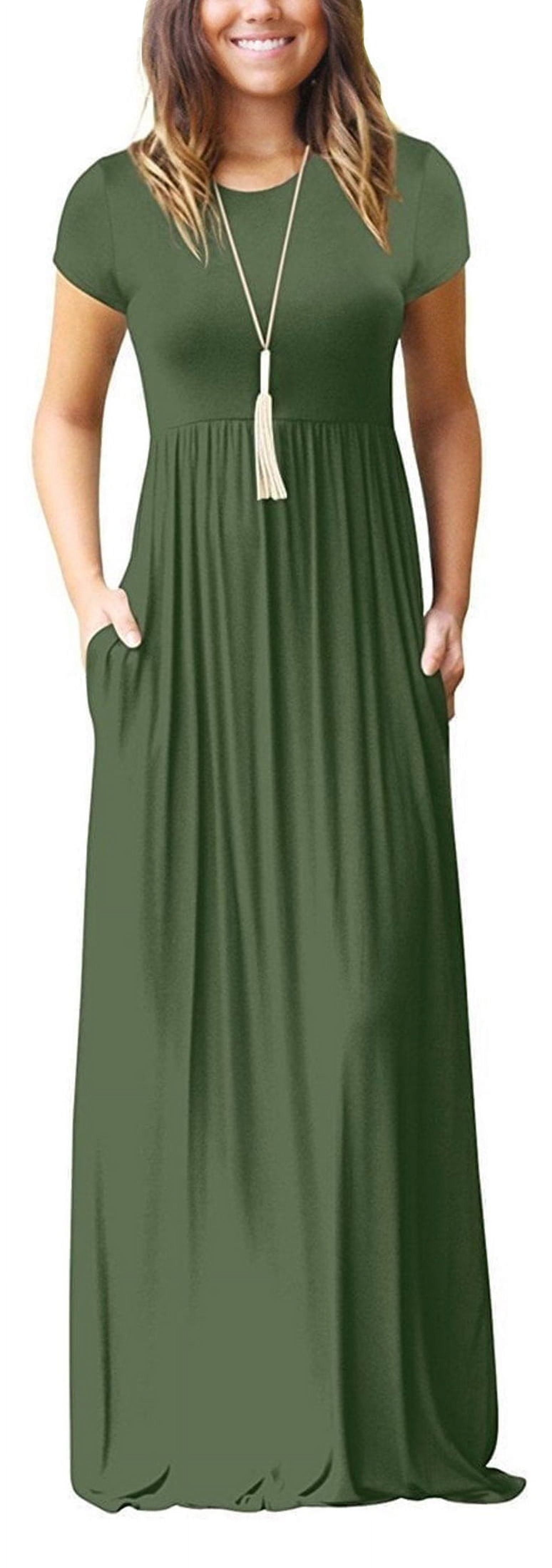 Women Short Sleeve Loose Plain Maxi Dresses Casual Long Dresses with Pockets