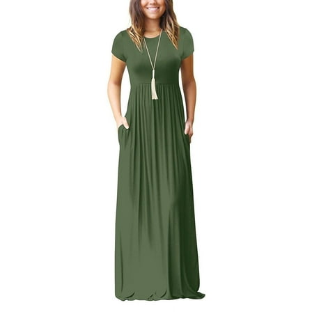 HAOMEILI Women Short Sleeve Loose Plain Maxi Dresses Casual Long Dresses with Pockets