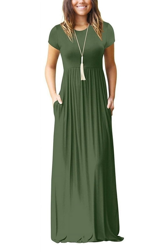Women Short Sleeve Loose Plain Maxi Dresses Casual Long Dresses with Pockets