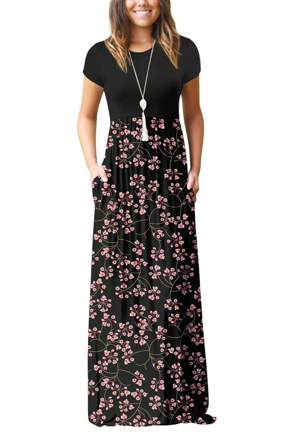 Women Short Sleeve Loose Plain Maxi Dresses Casual Long Dresses with Pockets