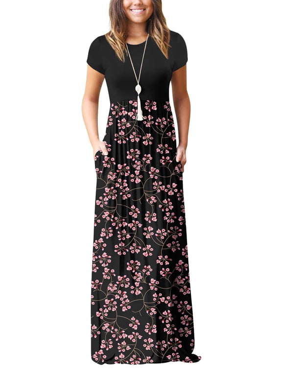 Women Short Sleeve Loose Plain Maxi Dresses Casual Long Dresses with Pockets