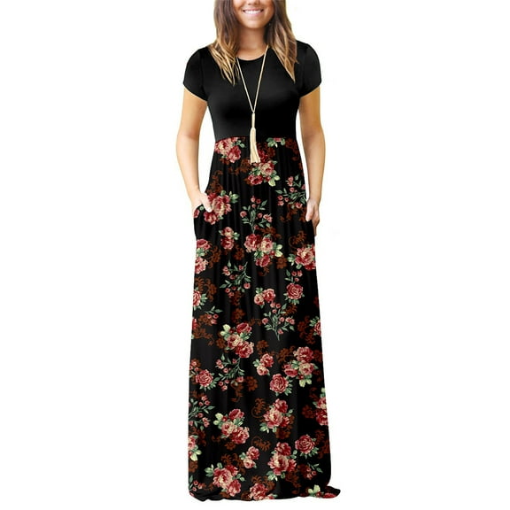 HAOMEILI Women Short Sleeve Loose Plain Maxi Dresses Casual Long Dresses with Pockets