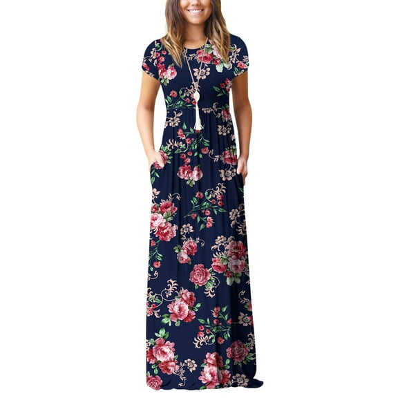 HAOMEILI Women Short Sleeve Loose Plain Maxi Dresses Casual Long Dresses with Pockets