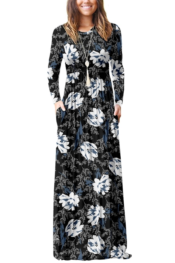 Women Long Sleeve Loose Plain Maxi Dresses Casual Long Dresses with Pockets