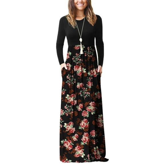 HAOMEILI Women Long Sleeve Loose Plain Maxi Dresses Casual Long Dresses with Pockets