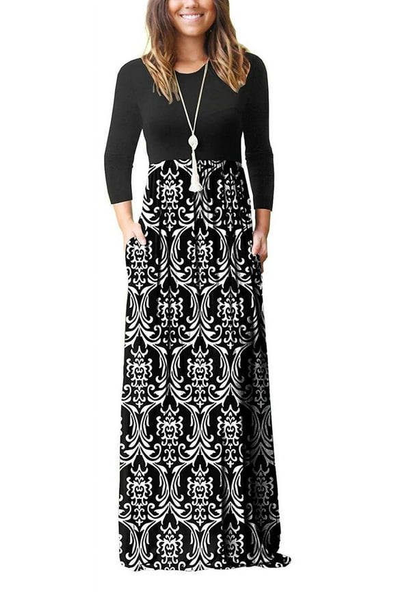 Women Long Sleeve Loose Plain Maxi Dresses Casual Long Dresses with Pockets