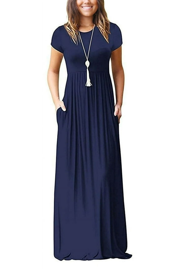 Women Short Sleeve Loose Plain Maxi Dresses Casual Long Dresses with Pockets