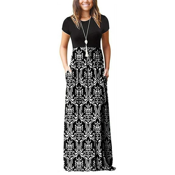 HAOMEILI Women Short Sleeve Loose Plain Maxi Dresses Casual Long Dresses with Pockets