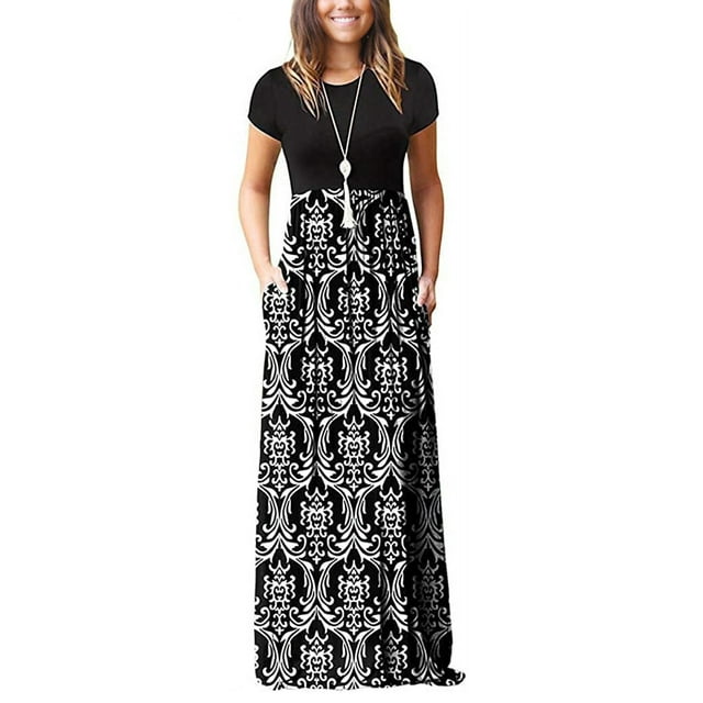HAOMEILI Women Short Sleeve Loose Plain Maxi Dresses Casual Long Dresses with Pockets