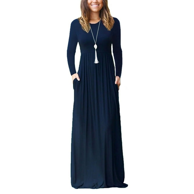 HAOMEILI Women Long Sleeve Loose Plain Maxi Dresses Casual Long Dresses with Pockets