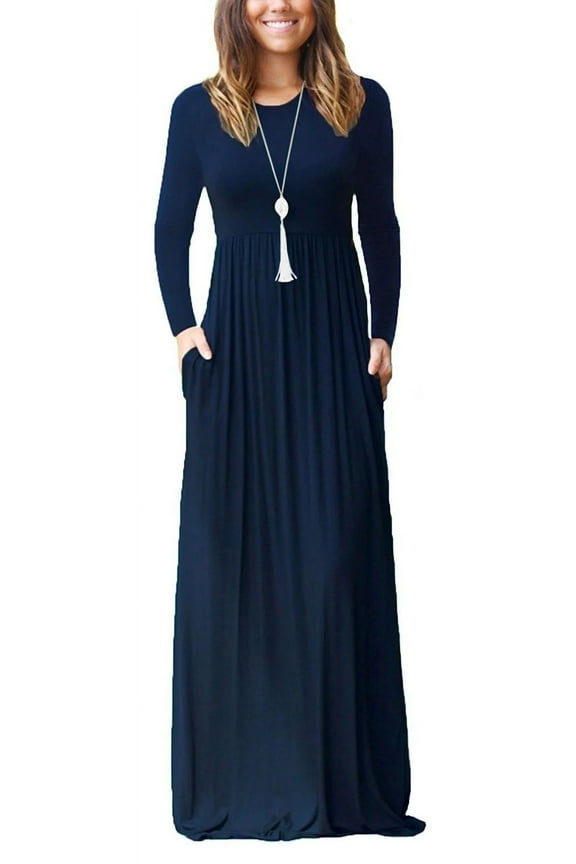 Women Long Sleeve Loose Plain Maxi Dresses Casual Long Dresses with Pockets
