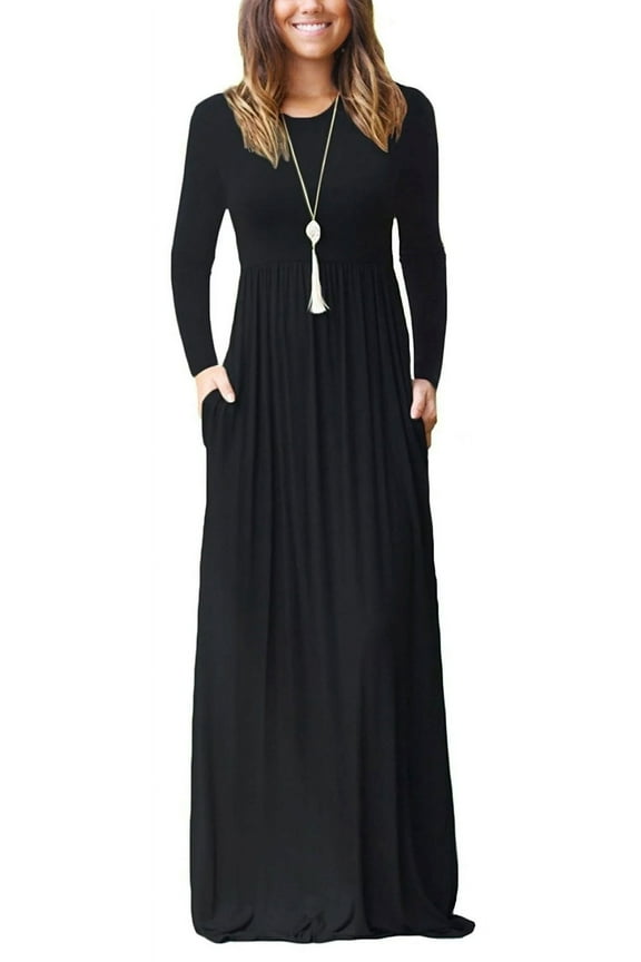 Women Long Sleeve Loose Plain Maxi Dresses Casual Long Dresses with Pockets
