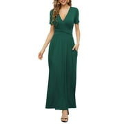HAOMEILI Women's Empire Waist Maxi Dress Casual V Neck Long Dresses with Pockets